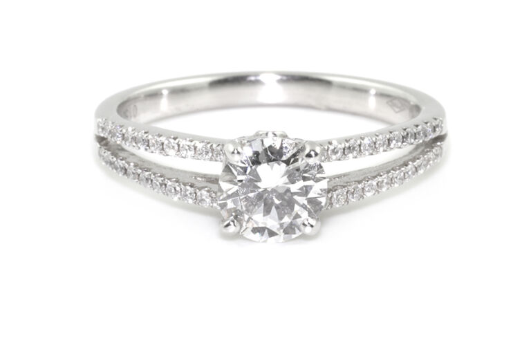 Certified Diamond Solitaire Ring with Diamond Set Shoulders Platinum Size M