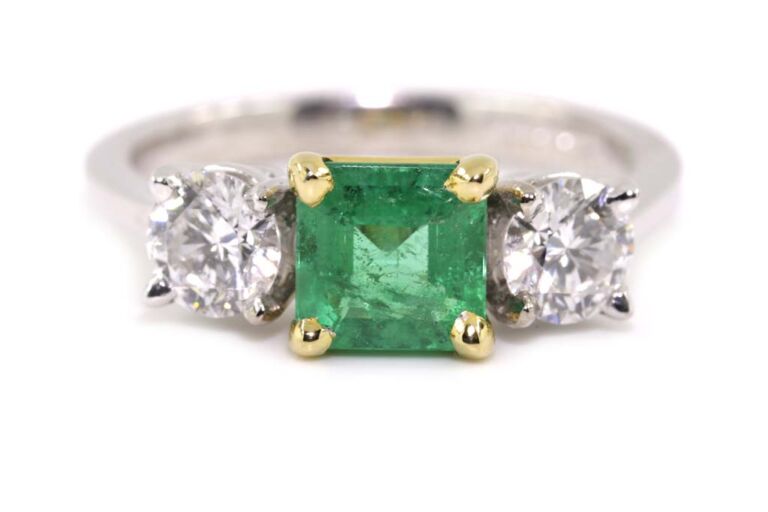 Image 1 for Emerald & Diamond 3 Stone 18ct G Ring Size M