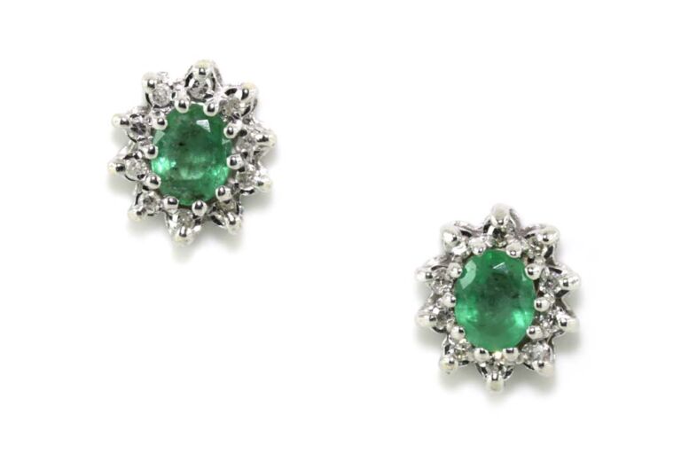 Image 1 for Emerald & Diamond Cluster Earrings 9ct White Gold