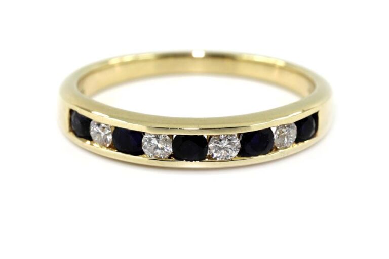 Image 1 for Blue Sapphire & Diamond Half Eternity Ring 18ct Yellow Gold Ring Size M