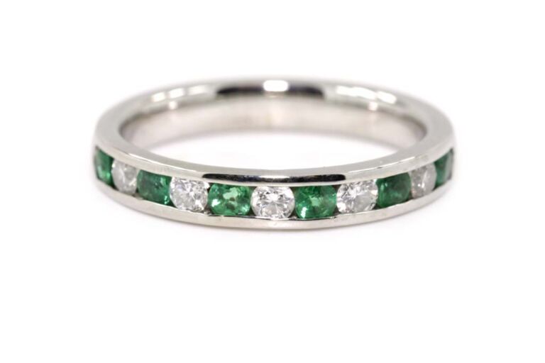 Image 1 for Emerald & Diamond Half Eternity Ring 18ct White Gold Ring Size N
