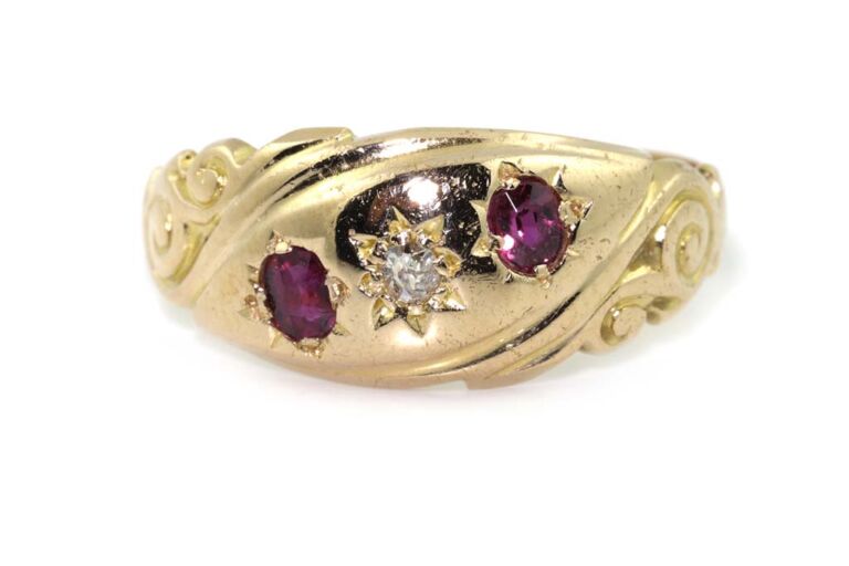 Image 1 for Antique Ruby & Diamond 3 Stone 18ct Yellow Gold Ring Size K