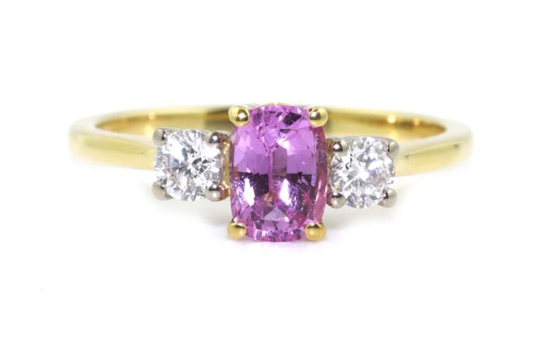 Image 1 for Pink Sapphire & Diamond 3 Stone 18ct G Ring Size N
