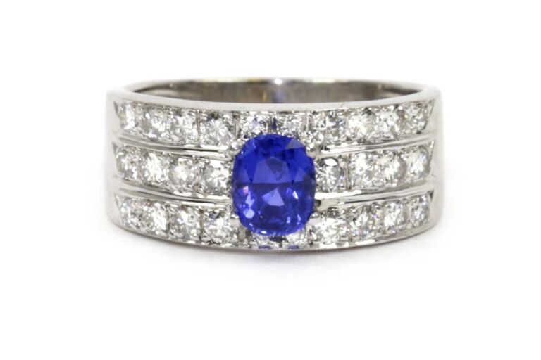 Image 1 for Blue Sapphire & Diamond Band Ring 750 White Gold Ring Size N
