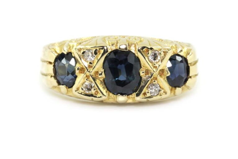 Image 1 for Blue-green Sapphire & Diamond 7 Stone 18ct Yellow Gold Ring Size K