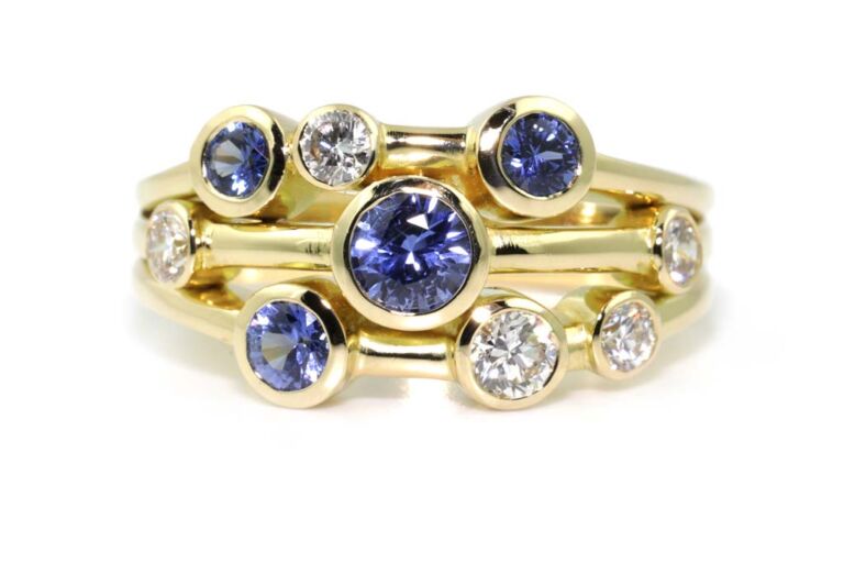 Image 1 for Blue Sapphire & Diamond Bubble Ring 18ct Yellow Gold Ring Size N