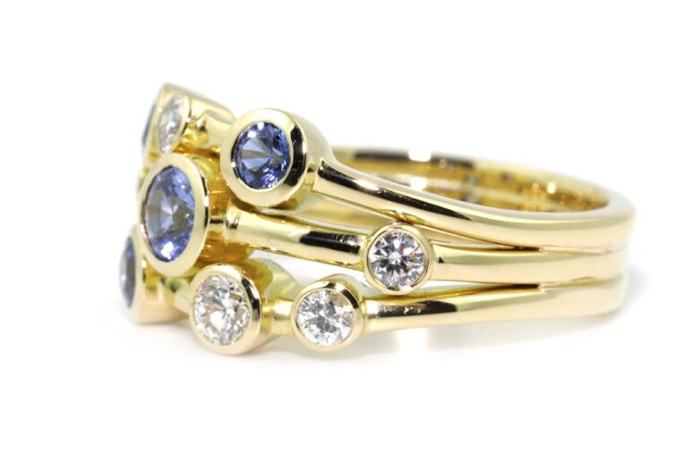 Image 2 for Blue Sapphire & Diamond Bubble Ring 18ct Yellow Gold Ring Size N