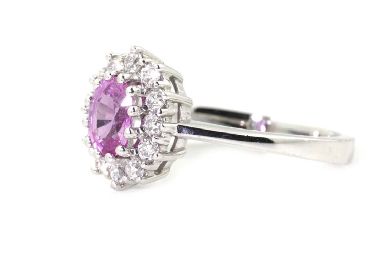 Image 2 for Pink Sapphire & Diamond Cluster 18ct White Gold Ring Size R