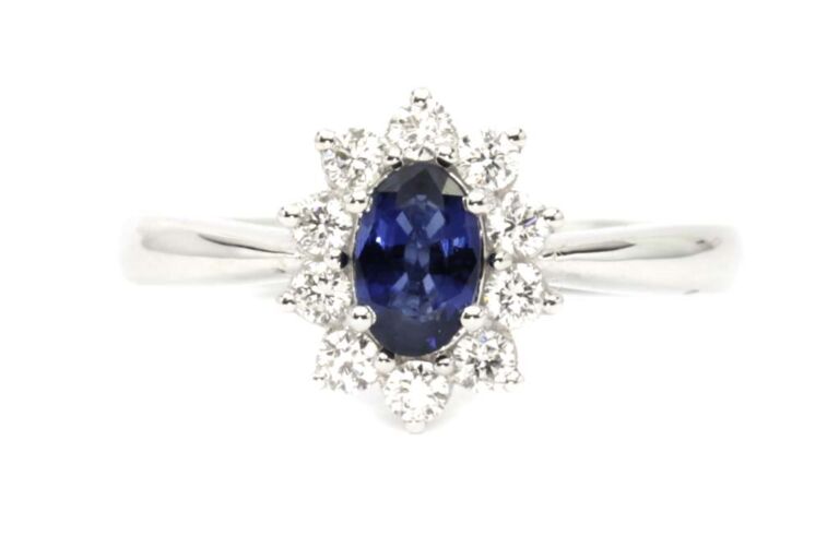 Image 1 for Blue Sapphire & Diamond Cluster 18ct White Gold Ring Size M