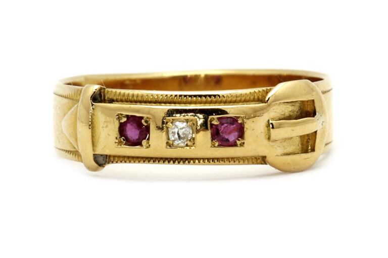 Image 1 for Vict Ruby & Diamond 3 Stone Buckle Ring 18ct Yellow Gold Ring Size M