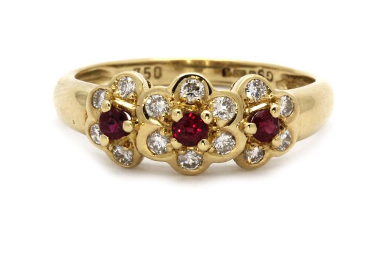 Image 1 for Ruby & Diamond Triple Cluster 18ct Yellow Gold Ring Size N