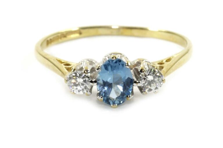 Image 1 for Blue Topaz & Diamond 3 Stone 9ct G Ring Size L