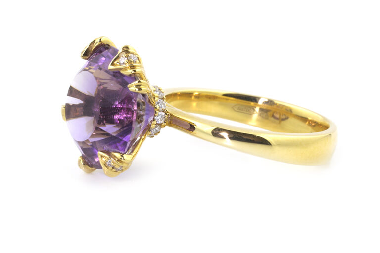 Amethyst & Diamond Cluster 18ct Yellow Gold Ring Size M