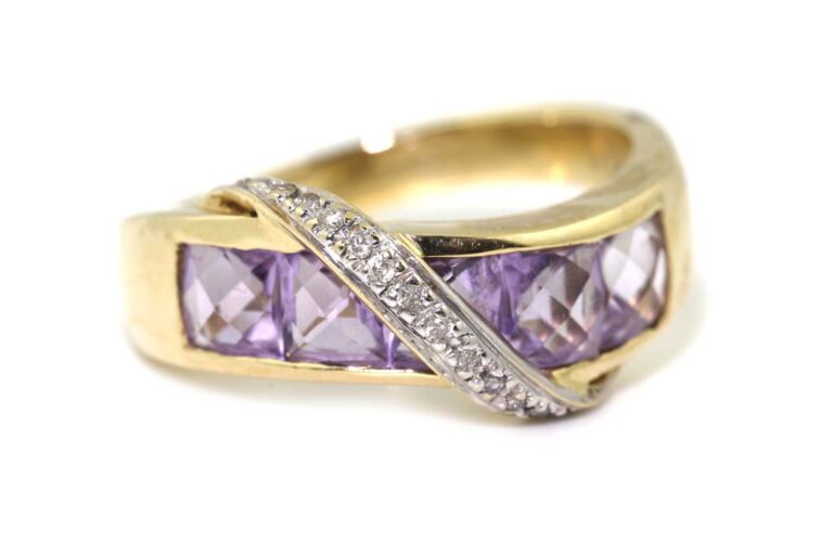 Image 1 for Ameythyst & Diamond Band 585 Yellow Gold Ring Size M