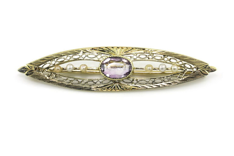 Pre-owned Amethyst & Seed Pearl Brooch 14k yellow gold