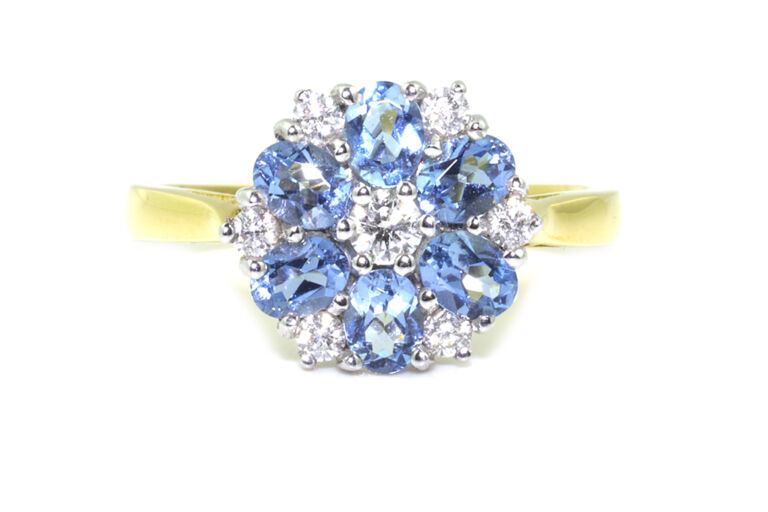 Aquamarine & Diamond Cluster 18ct gold Ring Size L