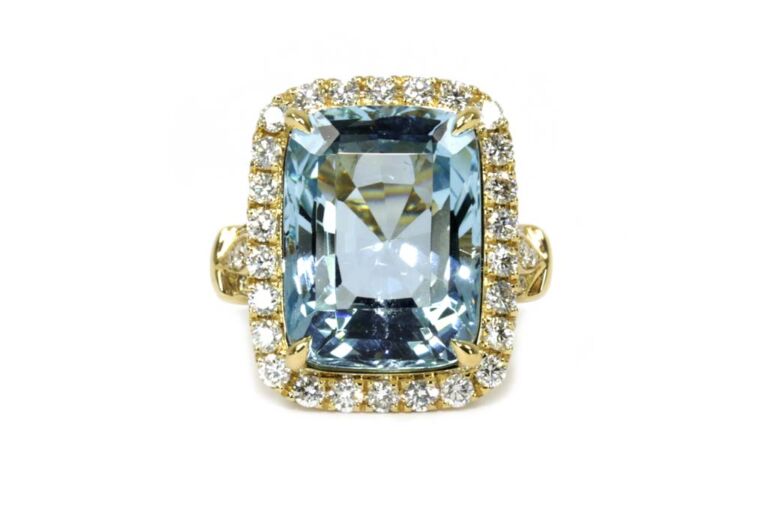 Image 1 for Aqua & Diamond Cluster 18ct Yellow Gold Ring Size N