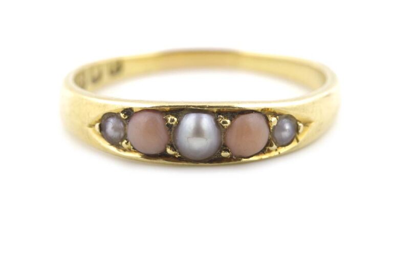 Image 1 for Antique Coral & Pearl Band 18ct Yellow Gold Ring Size O