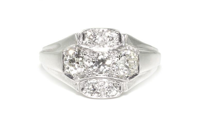 Art Deco Style 7 Stone Diamond Cluster Ring 14ct Gold Size P