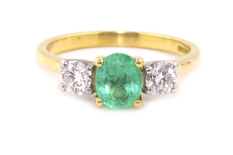 Emerald Diamond 3 Stone 18ct Gold Ring Size N