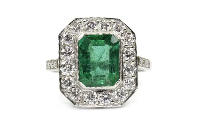 Image 1 for Emerald Diamond Cluster 18ct White Gold Platinum Ring Size M