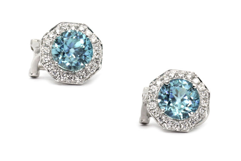 Blue Zircon & Diamond Cluster Earrings 18ct White Gold