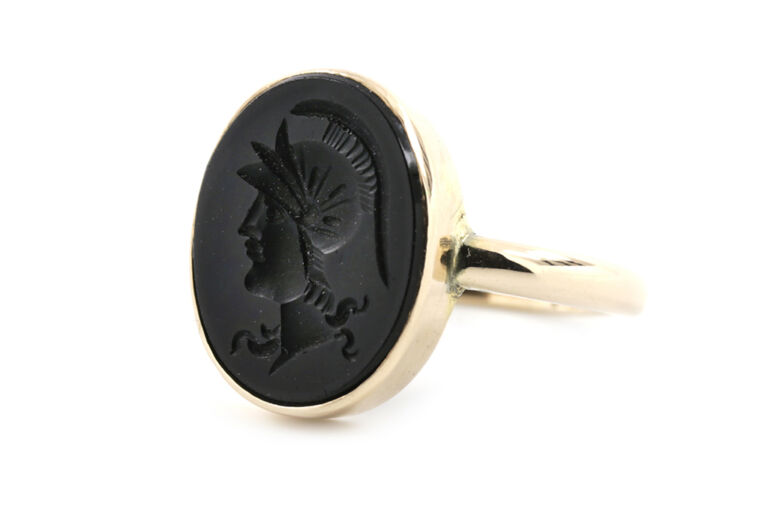 Black Onyx Roman Centurian Intaglio Signet Ring 9ct rose gold