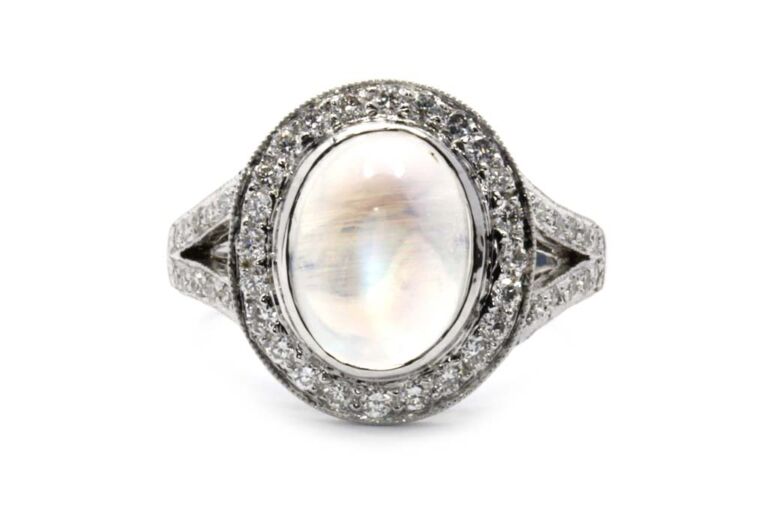 Image 1 for Moonstone & Diamond Cluster 18ct White Gold Ring Size L