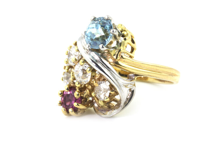 Vintage Ruby, Zircon & Diamond Cluster Ring 14k gold Size O