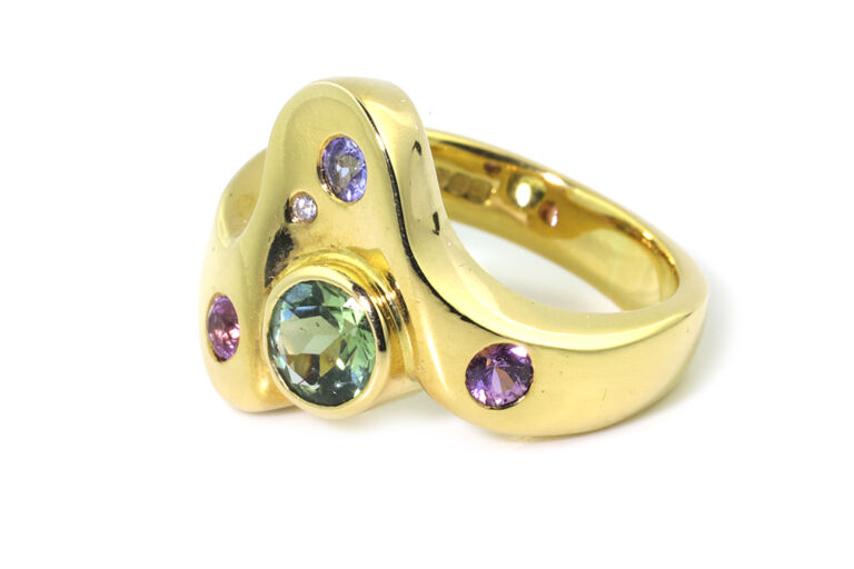 Tourmaline Tanzanite, Pink Sapphire & Diamond 18ct Yellow Gold Ring Size L