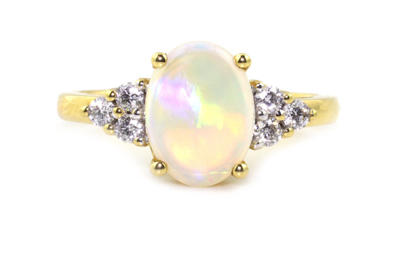 Opal & Diamond 7 Stone Trefoil Style Ring 18ct gold Size N