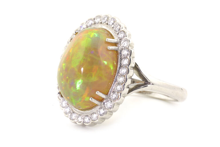 Opal & Diamond Cluster 18ct White Gold Ring Size L