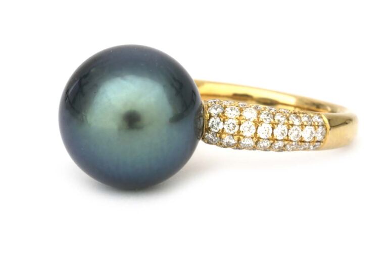 Image 1 for Tahitian Pearl & Diamond 18ct Yellow Gold Ring Size N