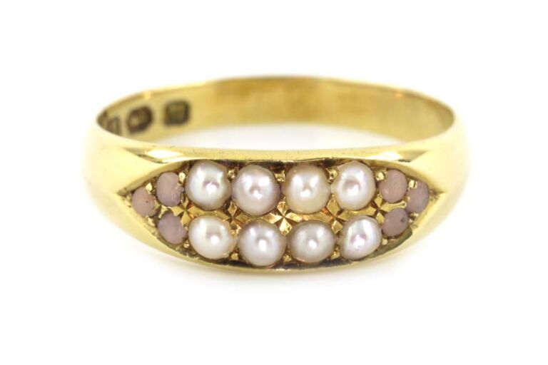 Image 1 for Coral & Pearl Band 18ct Yellow Gold Ring Size Q