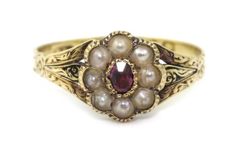 Image 1 for Ruby & Pearl Cluster 18ct Yellow Gold Ring Size Q