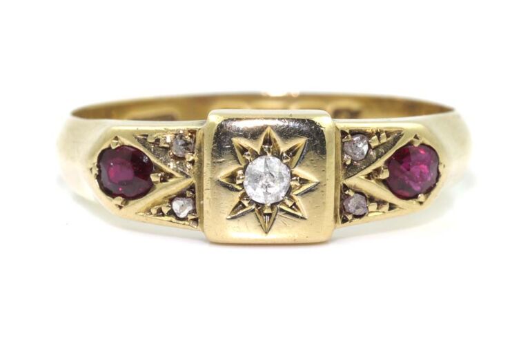 Image 1 for Edwardian Ruby & Diamond 7 Stone 18ct Yellow Gold Ring Size O