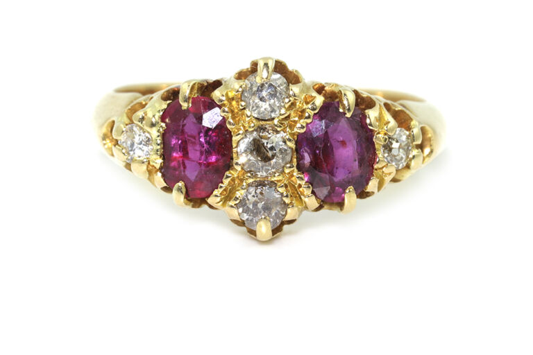 Ruby & Diamond 7 Stone 18ct Yellow Gold Ring Size L