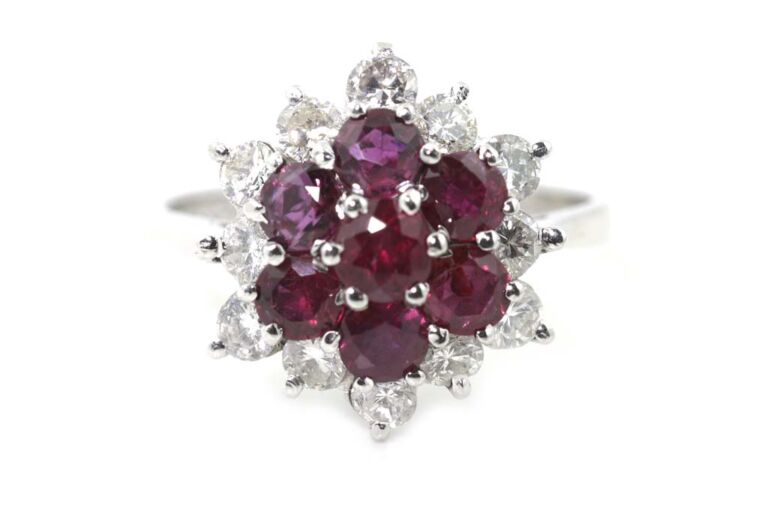 Image 1 for Ruby & Diamond Cluster 18ct White Gold Ring Size M