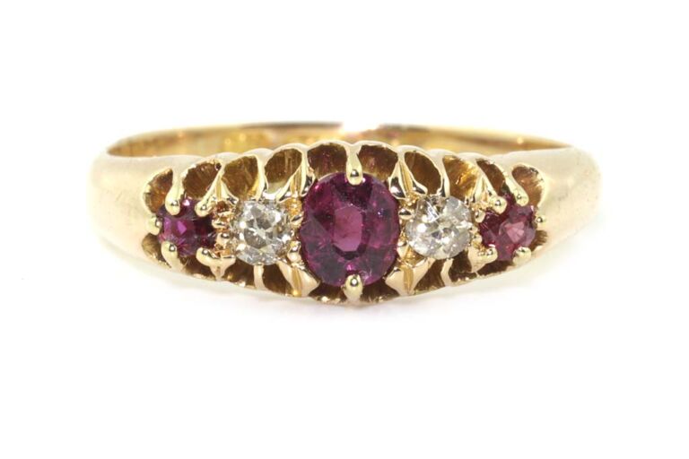 Image 1 for Antique Ruby & Diamond 5 Stone 18ct Yellow Gold Ring Size J