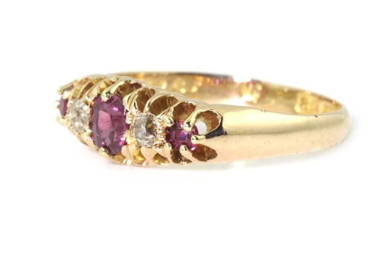 Image 2 for Antique Ruby & Diamond 5 Stone 18ct Yellow Gold Ring Size J