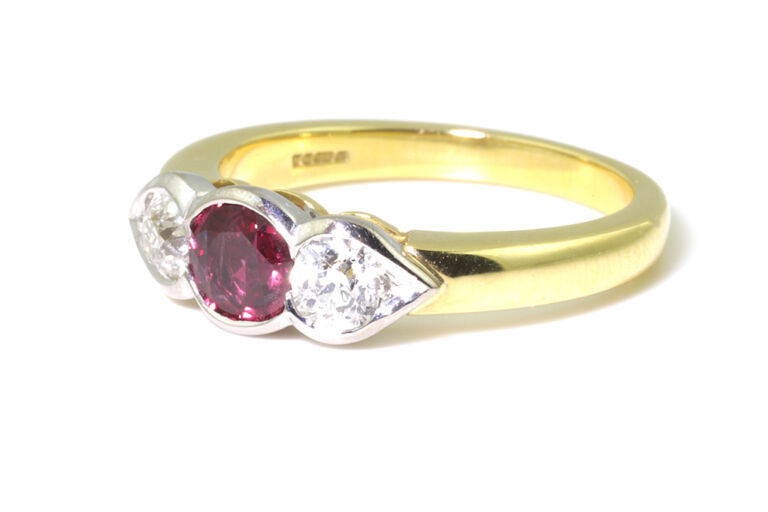 Ruby & Diamond 3 Stone Ring 18ct gold Size N