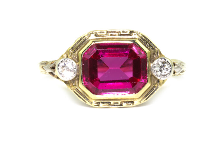 Synthetic Ruby & Diamond 3 Stone Ring 14k gold Size L