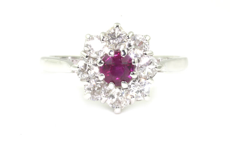 Ruby & Diamond Cluster 18ct White Gold Ring Size M