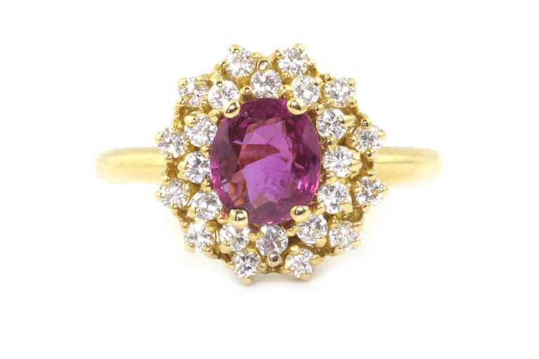 Ruby & Diamond Cluster 14ct Yellow Gold Ring Size R