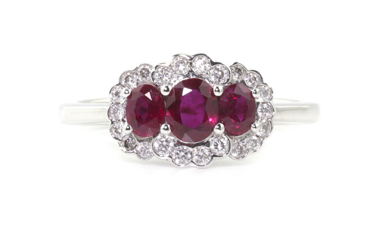 Ruby & Diamond Triple Cluster 18ct White Gold Ring Size M