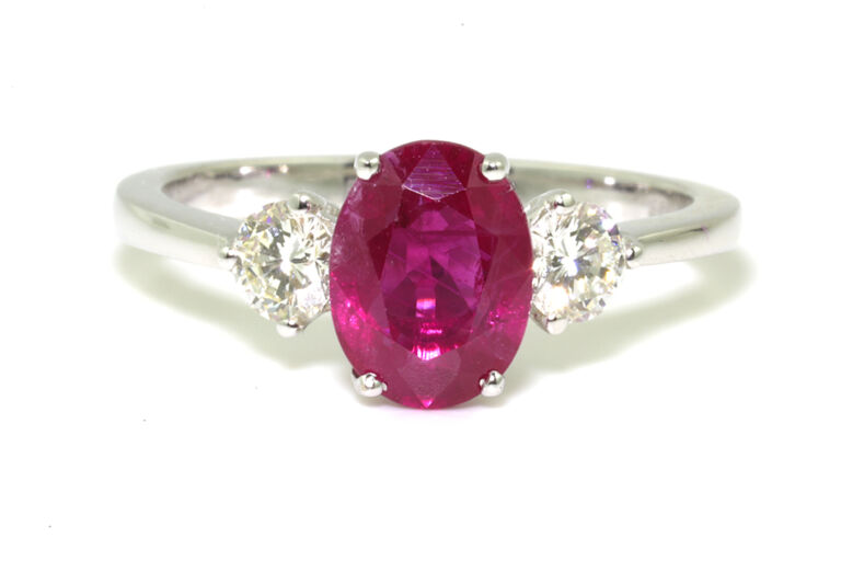 Ruby Diamond 3 Stone 18ct White Gold Ring Size M