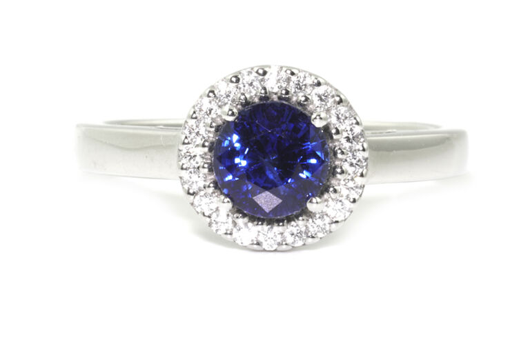 Blue Sapphire & Diamond Cluster Platinum Ring Size L