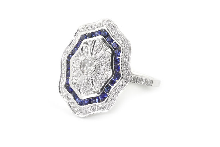 Art Deco Style Blue Sapphire & Diamond Cluster Ring 18ct White Gold Ring Size N