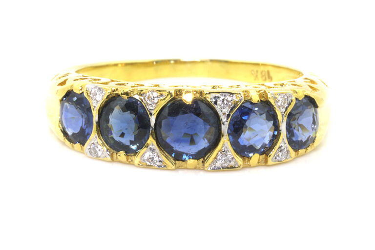 Blue Sapphire & Diamond 5 Stone Band Ring 18ct yellow gold Size N