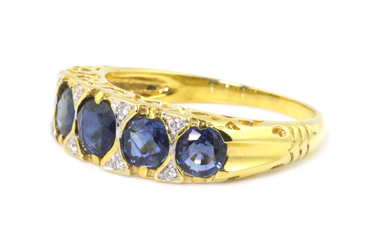 Blue Sapphire & Diamond 5 Stone Band Ring 18ct yellow gold Size N